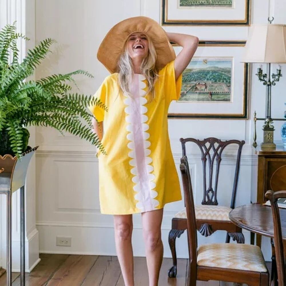 House of MBR Yellow Tee Dress with White Scalloped Panel size XS-M